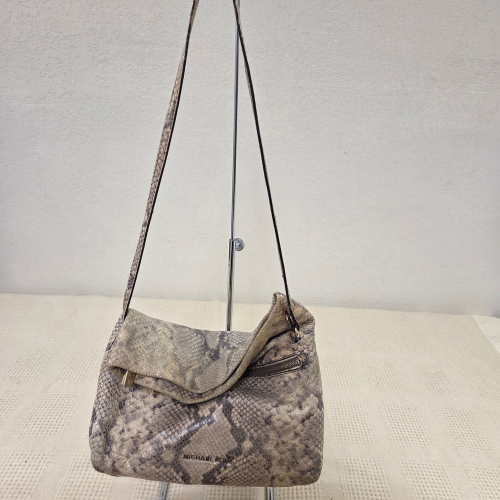Michael‎ Kors Python Embossed Leather Shoulder Bag Taupe Gold Hardware